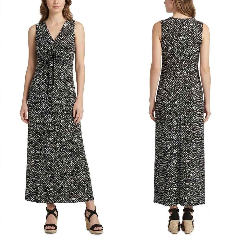 Tommy Bahama Caldera Canyon Maxi Dress M Black White Geometric‎ Ruffle V-Neck